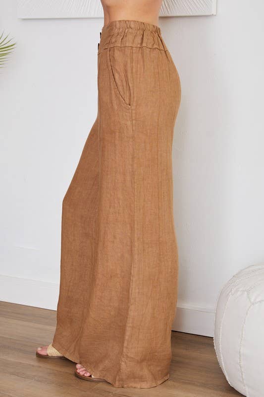 VENTI6 - LINEN WIDE LEG PANTS BUTTON DETAIL
