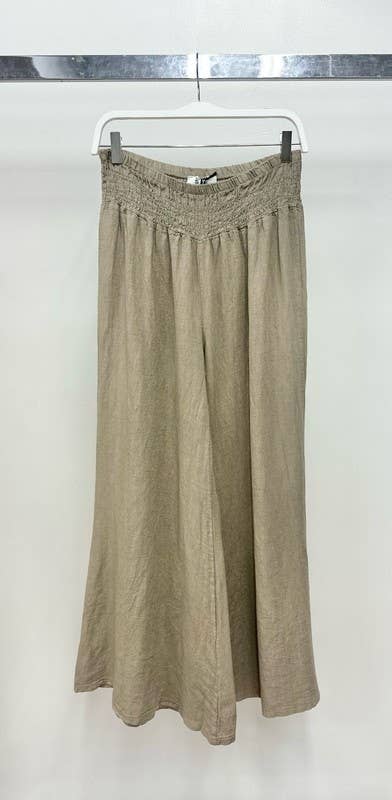 VENTI6 - ELASTIC SMOCKED WAIST LINEN WIDE LEG PANT