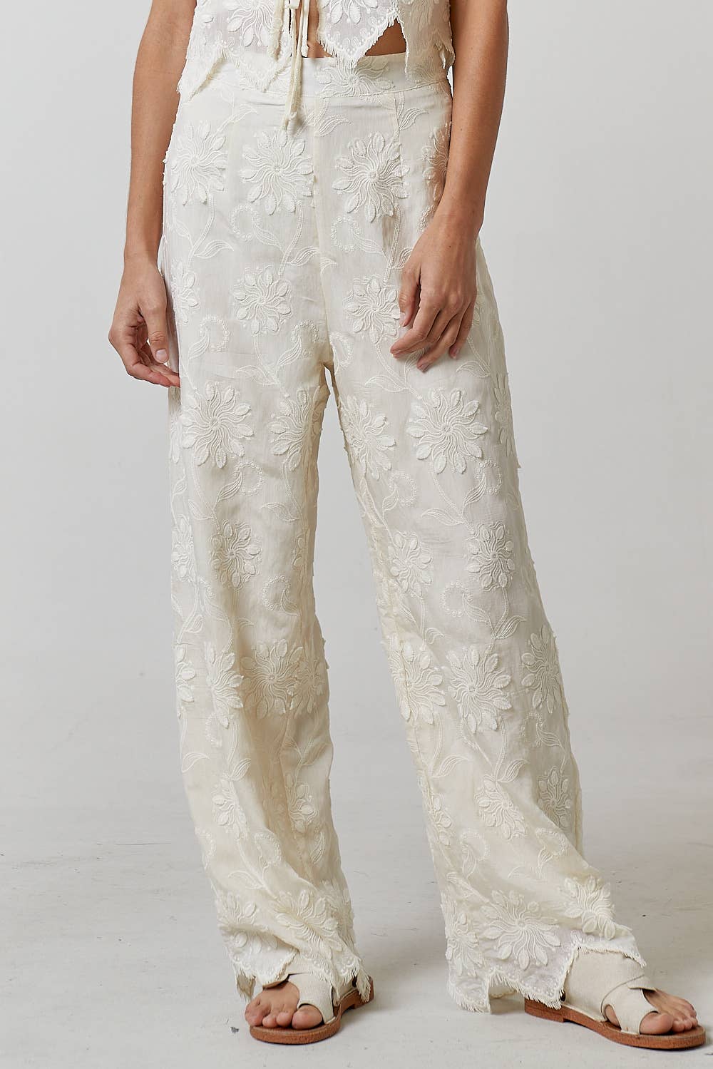 FLORAL EMBROIDERY WIDE LEG TROUSER PANTS