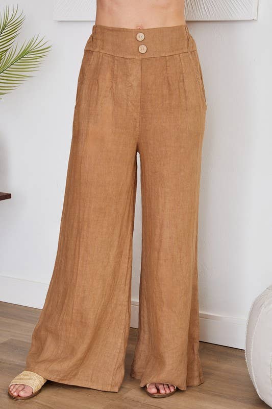 VENTI6 - LINEN WIDE LEG PANTS BUTTON DETAIL