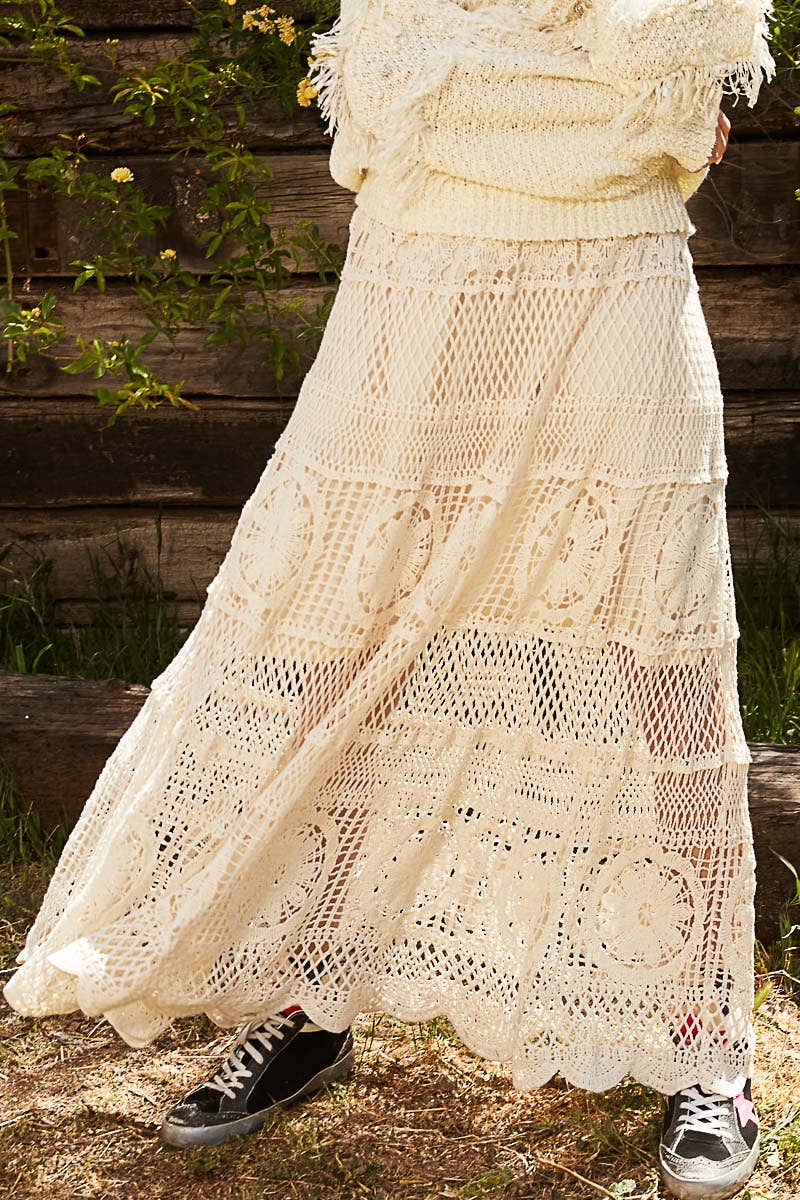 Crochet long flare elastic waist band skirts