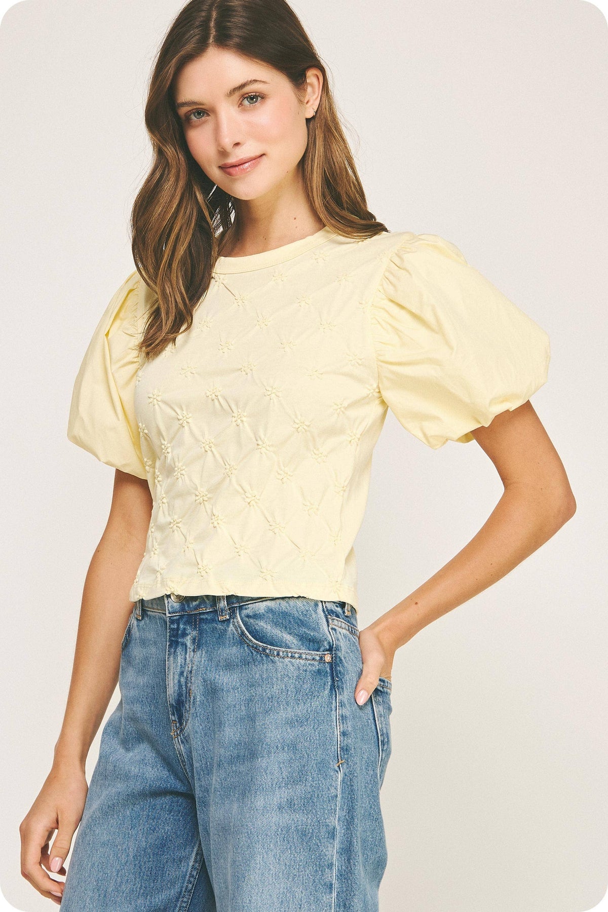 Flower Embossed Puff Sleeve Tee Top