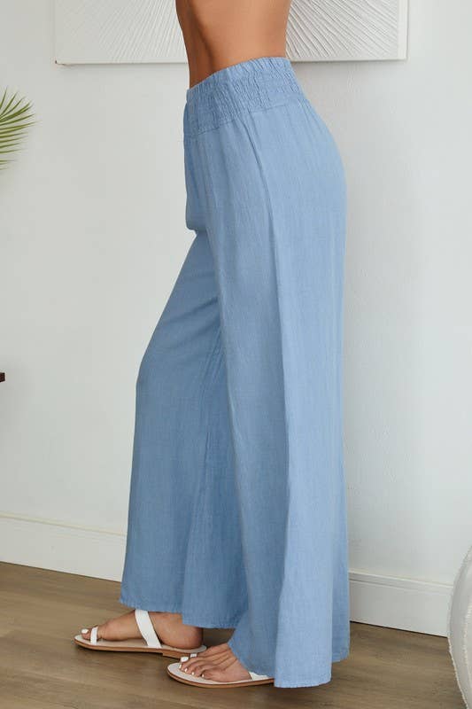 VENTI6 - ELASTIC SMOCKED WAIST LINEN WIDE LEG PANT