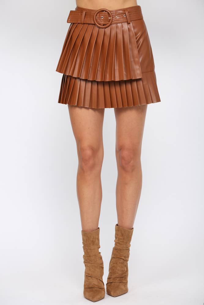 PLEATED FAUX LEATHER WITH BELT MINI SKIRT in CAMEL
