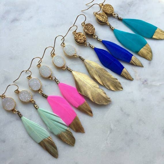 Laalee Jewelry - Gold Dipped Druzy Feather Earrings