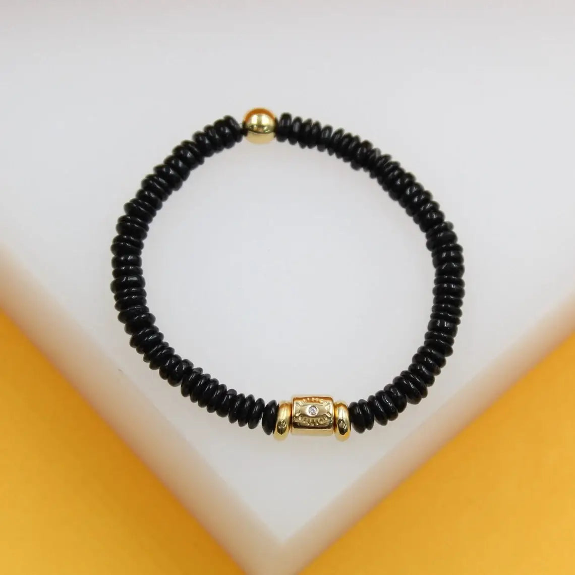 18K Gold Filled Evil Eye Bracelet With Black Polymer Disc