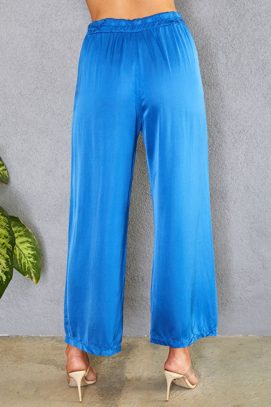 ELASTIC WAIST WIDE LEG SOFT SATIN PANTS -Royal Blue