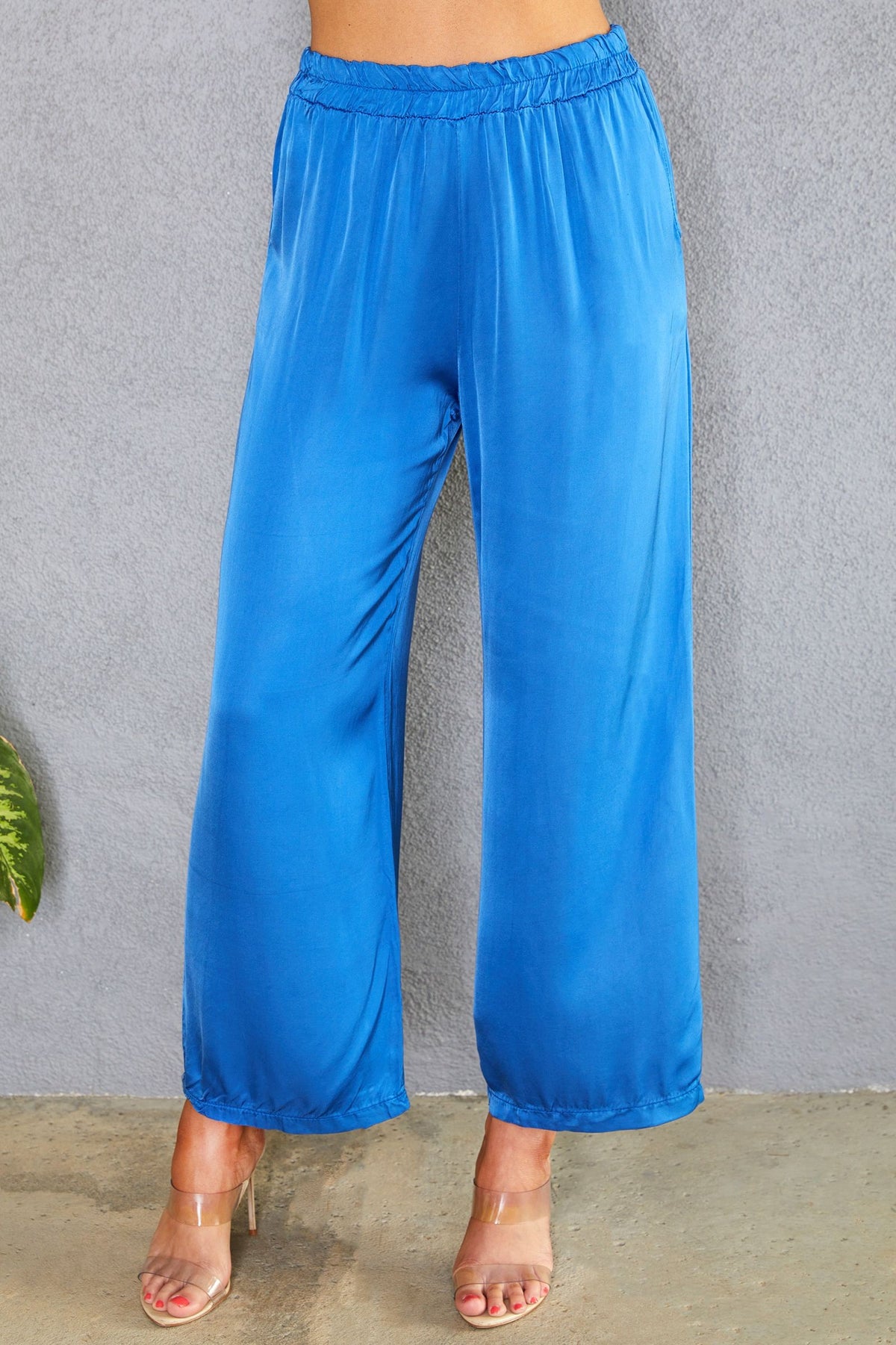 ELASTIC WAIST WIDE LEG SOFT SATIN PANTS -Royal Blue