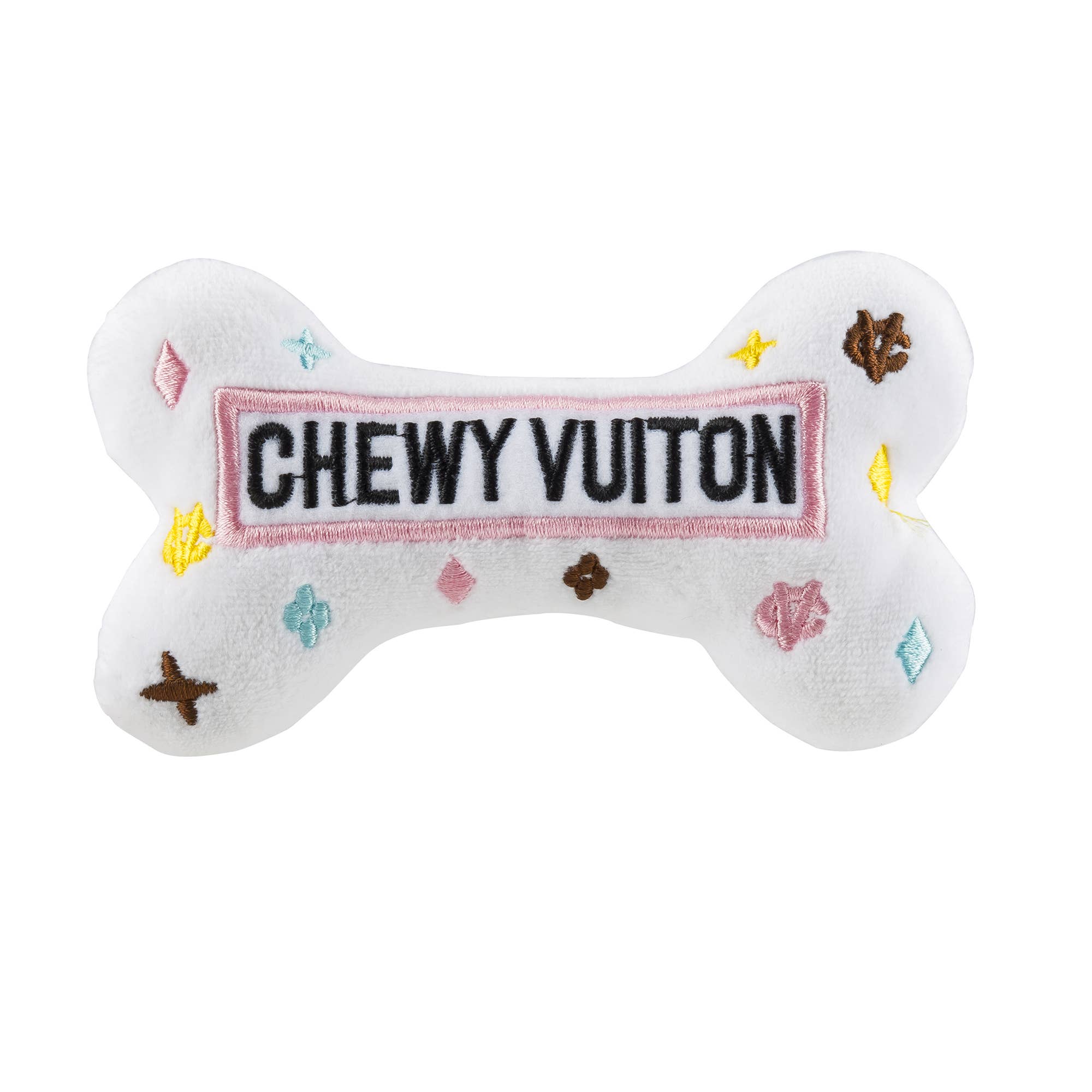 White Chewy Vuiton Bones Squeaker Dog Toy: Small / Mini