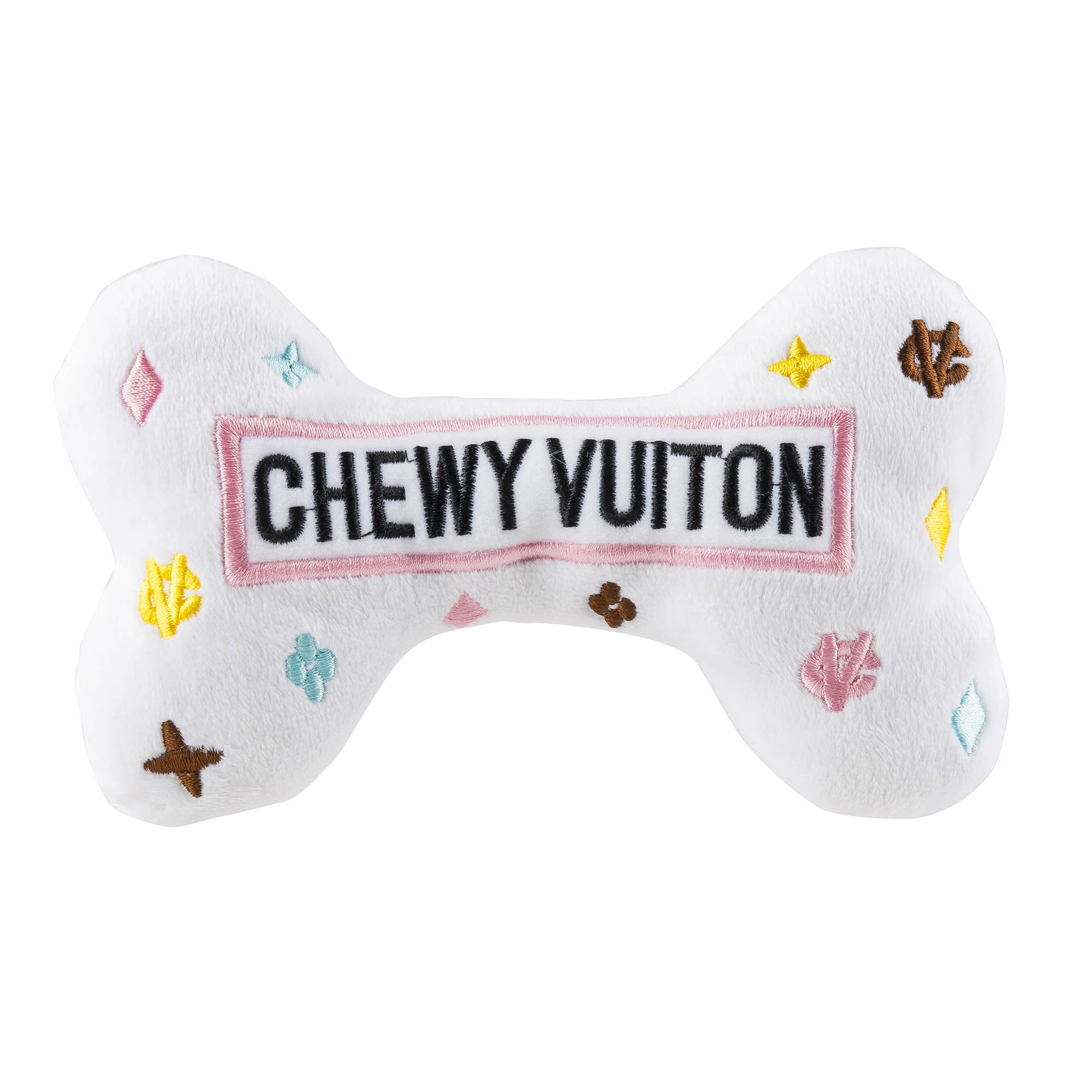White Chewy Vuiton Bones Squeaker Dog Toy: Large