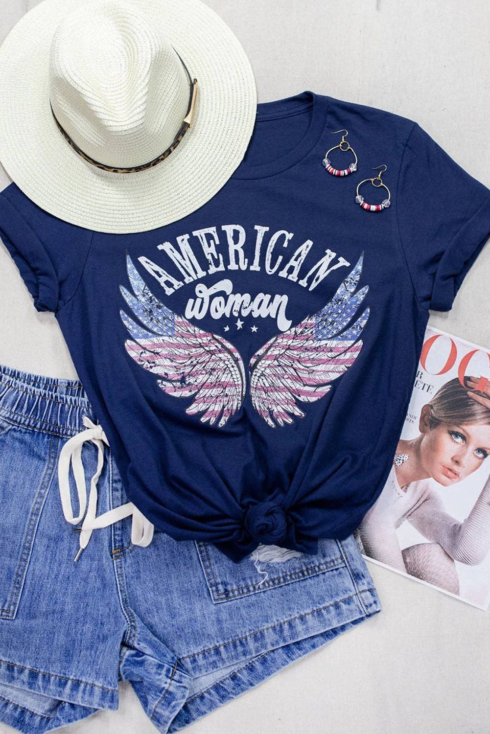 Blue American Woman Eagle Wing Flag Graphic Tee