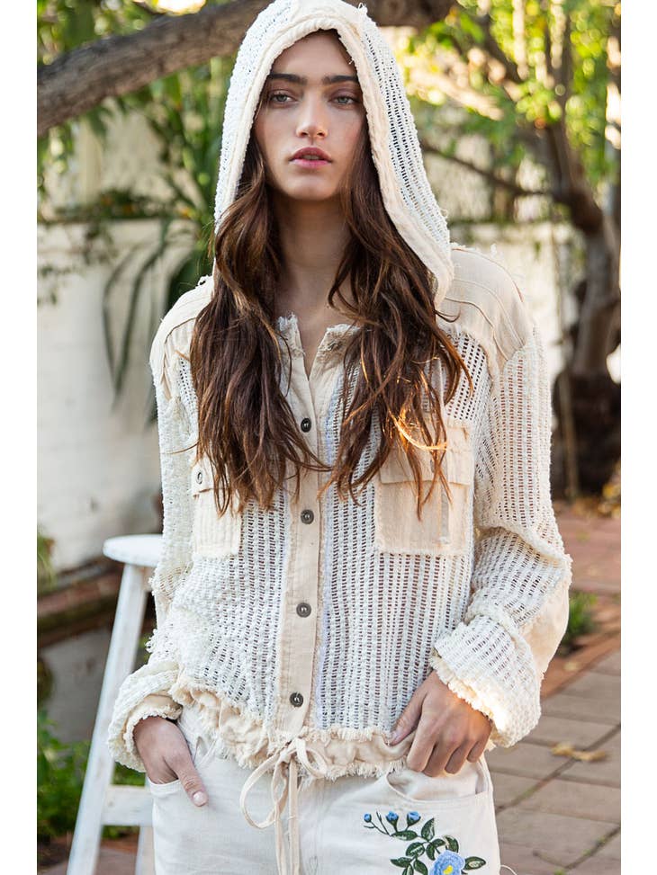 Open knit button down pocket front hooded shirt top