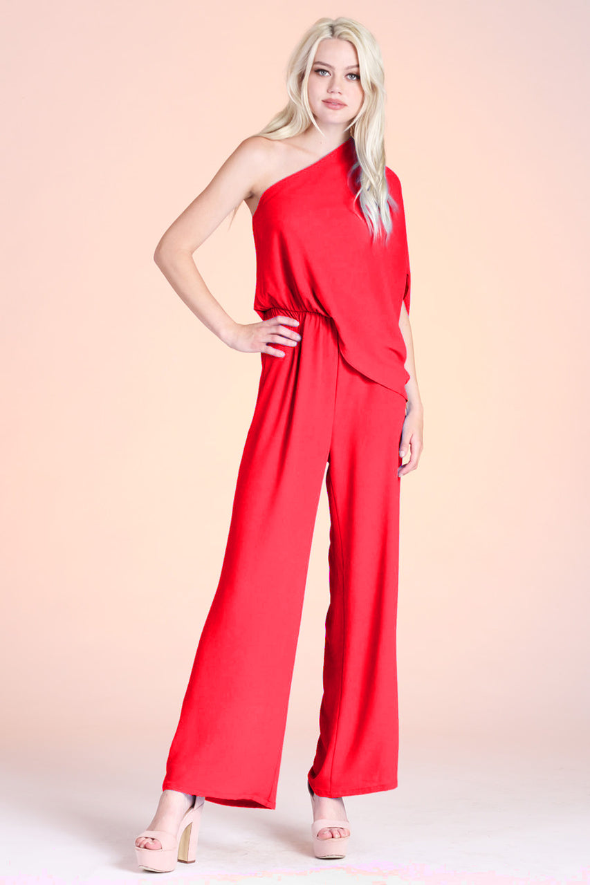Tyche - Textured Solid Slouchy One Shoulder Jumpsuit