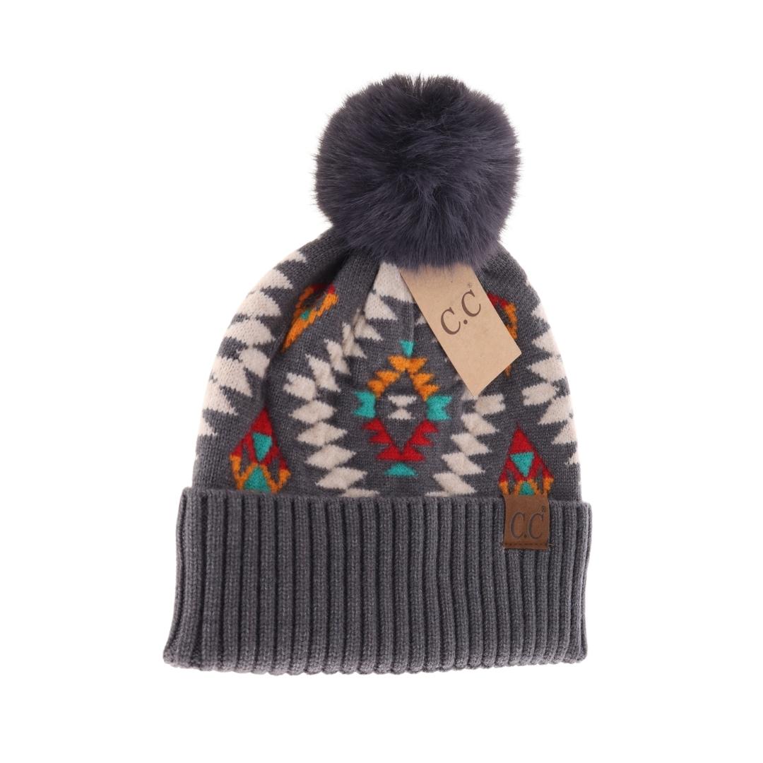 Aztec Patterned Faux Fur Pom Beanie