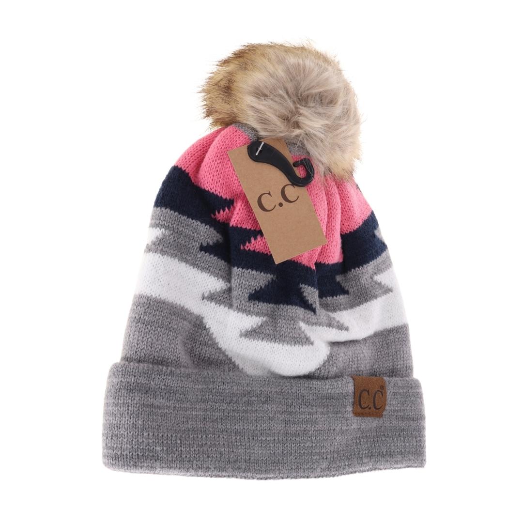 Aztec Patterned Faux Fur Pom Beanie