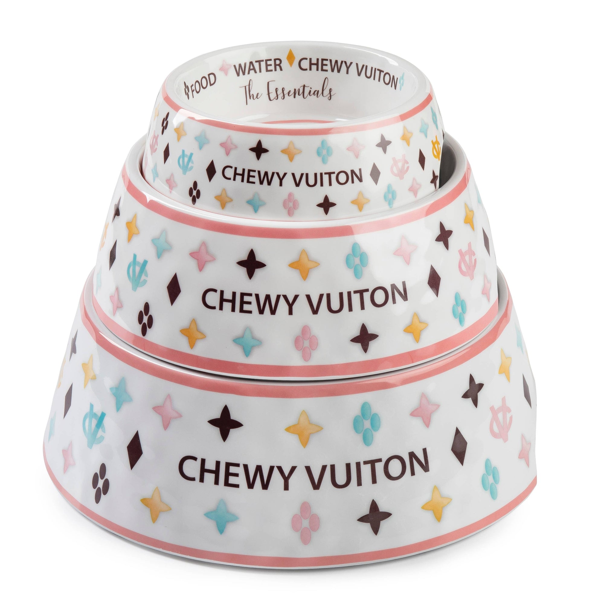 White Chewy Vuiton Dog Bowl
