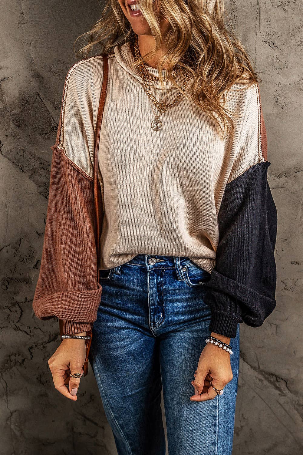 Colorblock Sweater with Statement Bishop Sleeves
