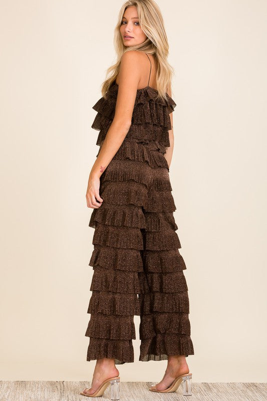 The Sang Clothing - Layered Pleated Ruffle Off The Shoulder Jumpsuit