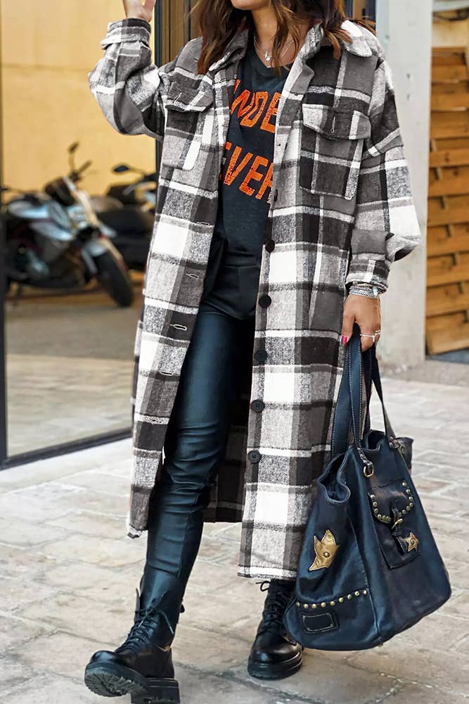 Plaid Flannel Shacket Jacket Maxi Length Women