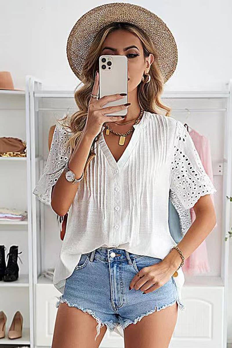 Button-Up Blouse with Lace Sleeve Detail