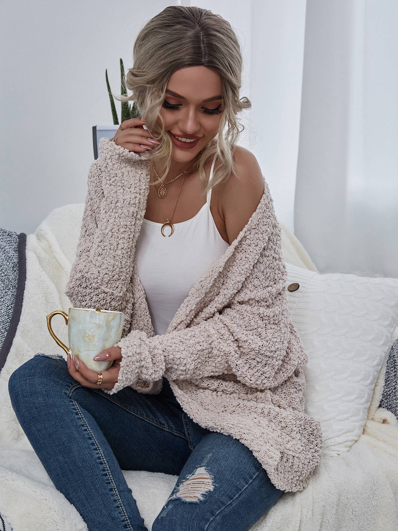 Chunky Knit Open Cardigan With Pockets
